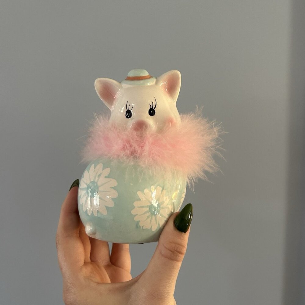Vintage 90s Retro Pig With Furr Figurine Blue Flowers Porcelain‎ Diva Circus
